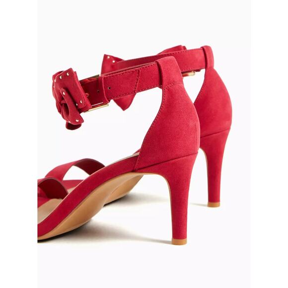 Torrid 8W Wide Width Red Faux Suede Open Toe Ankle Strap 3" Stiletto Heel Pumps - Picture 4 of 4